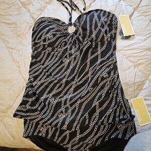 Michael Kors Women’s Black Chain 2 Pc Tankini Briefs Halter Swimsuit Large
